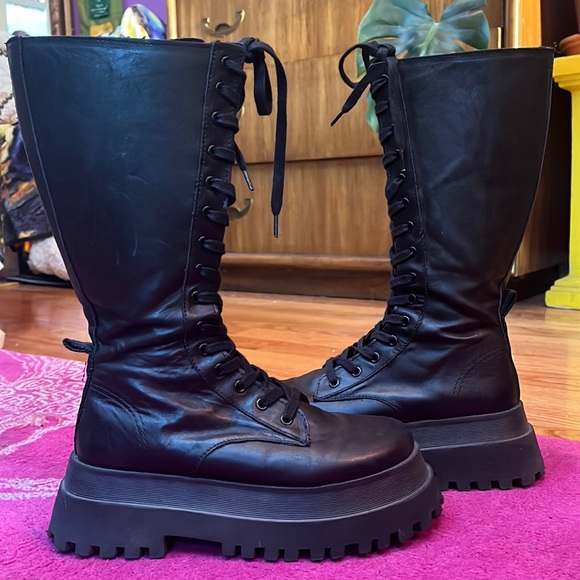 Zara black Leather half calf chunky platform lace up combat boots